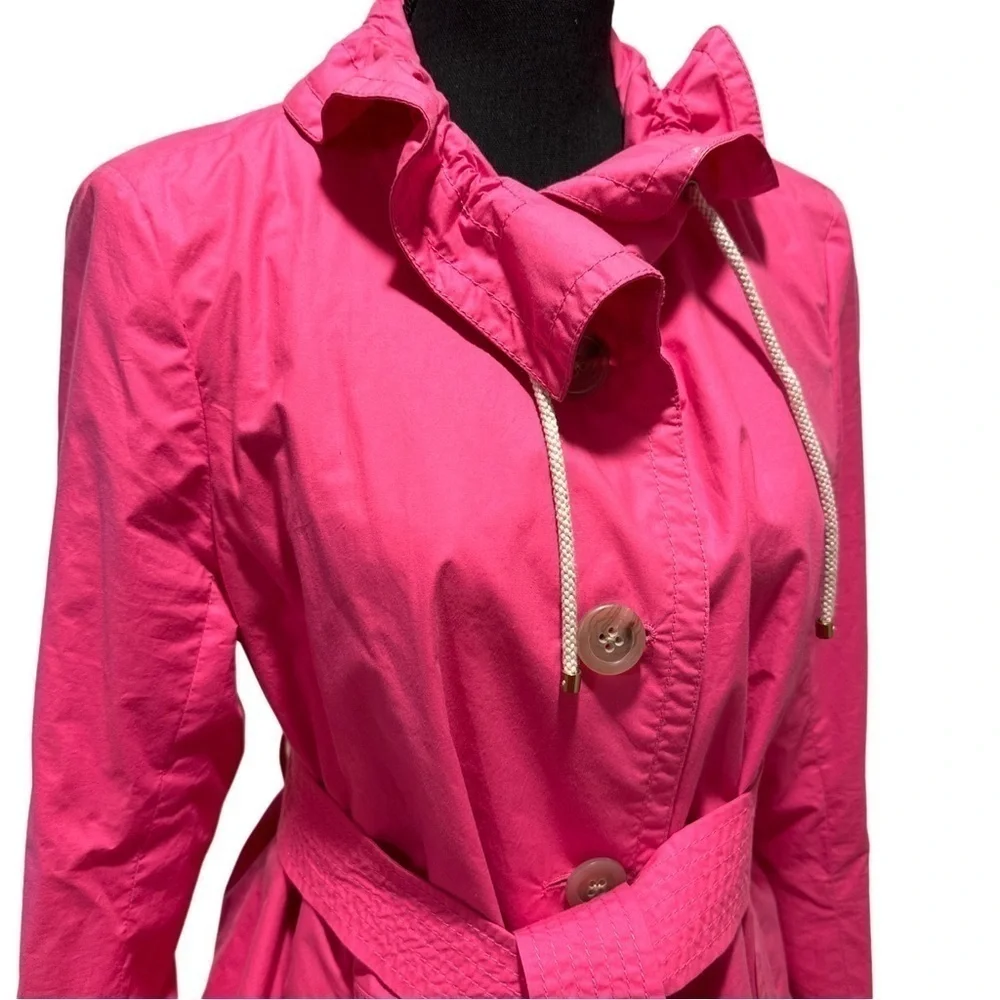 J. Crew Trench Coat Hot Pink Lightweight Lined Belted Ruffled Collar L EUC